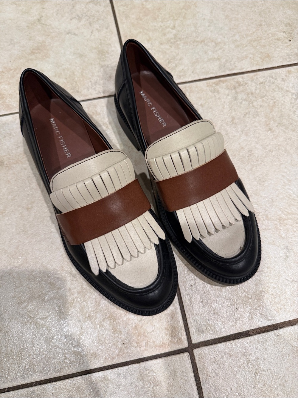 Marc Fisher Black, Brown & Cream Kiltie Loafers